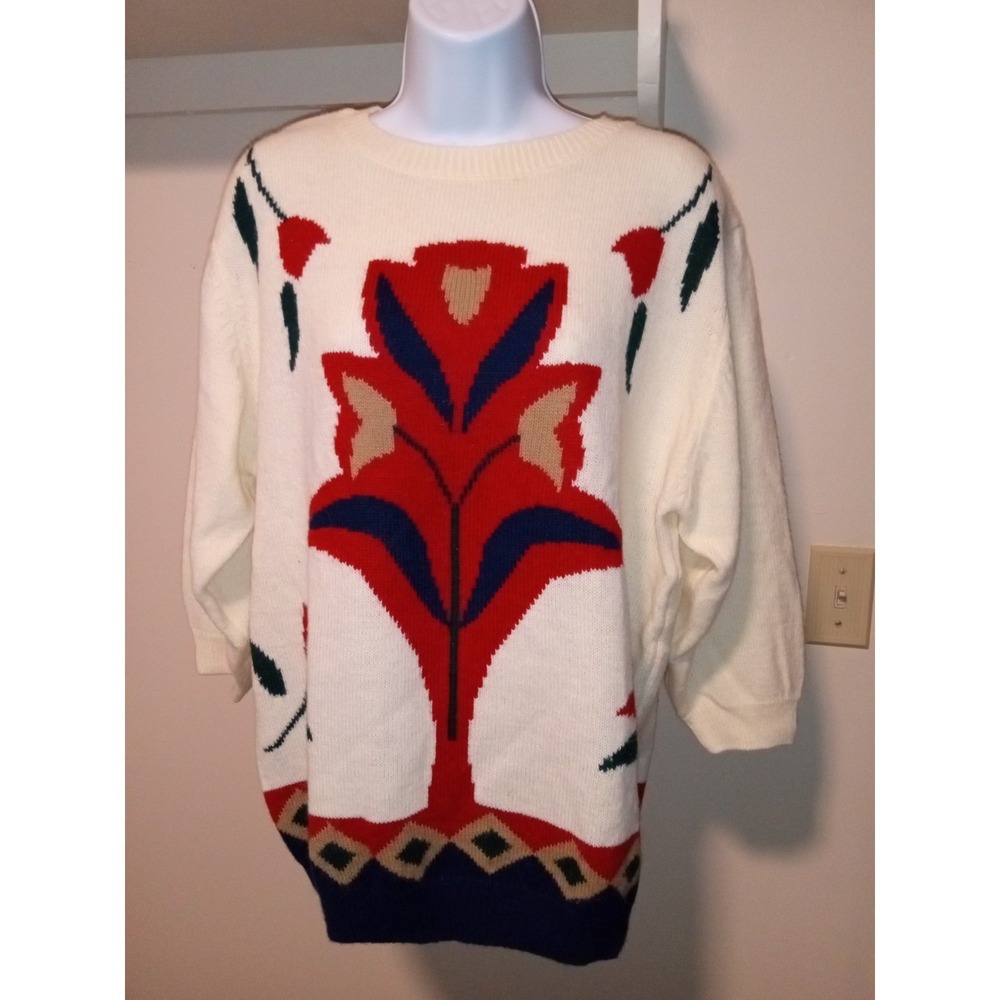 Vintage Koret Crewneck Sweater Cream Red Navy Floral Intarsia Knit Size 42 MB022